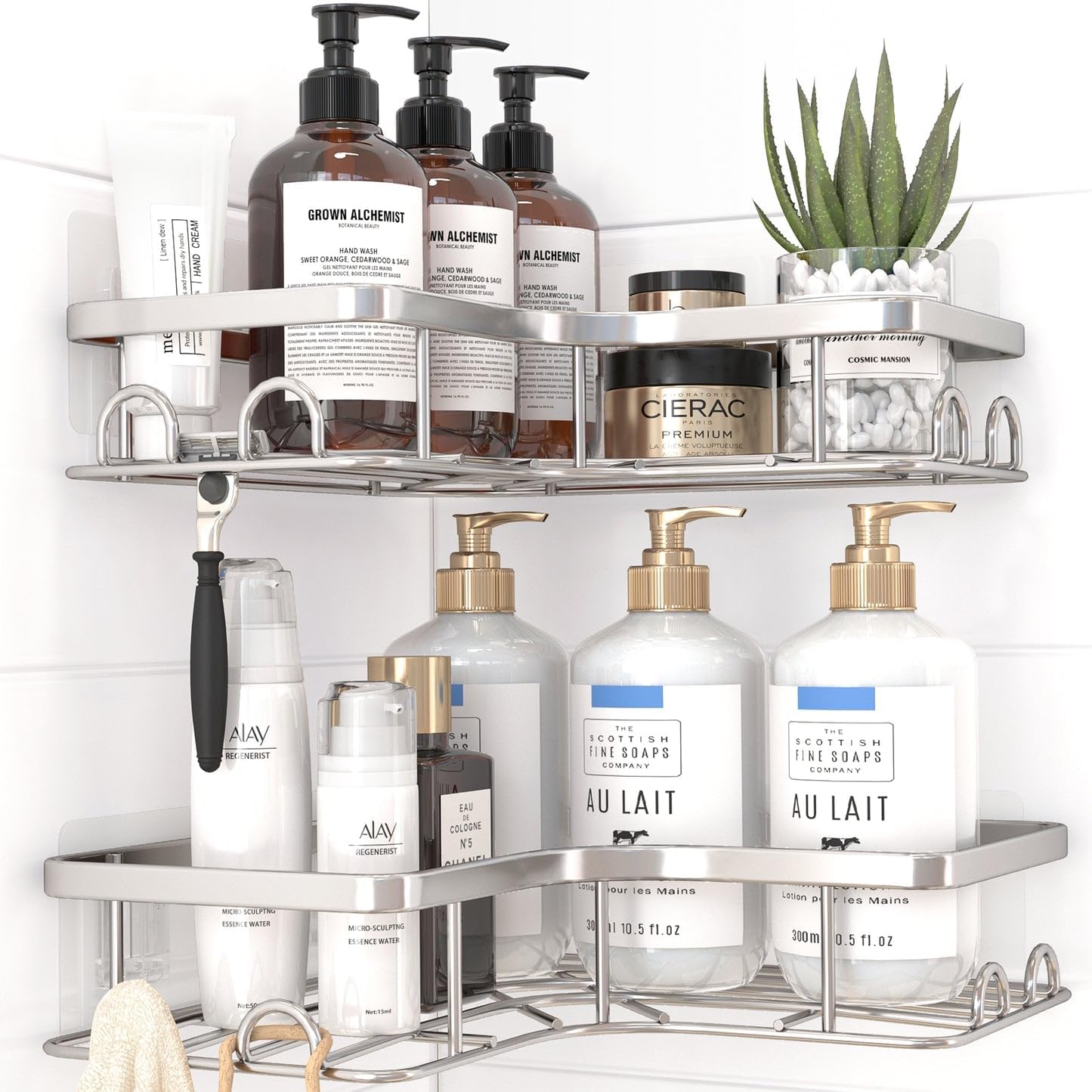 Corner Shower Caddy - 2 Pack, Adhesive Shower Organizers, Rustproof Stainless Steel Shower Shelves with 8 Hooks, No Drilling Bathroom Organizers and Storage Racks, Space-Saving, Silver, Medium