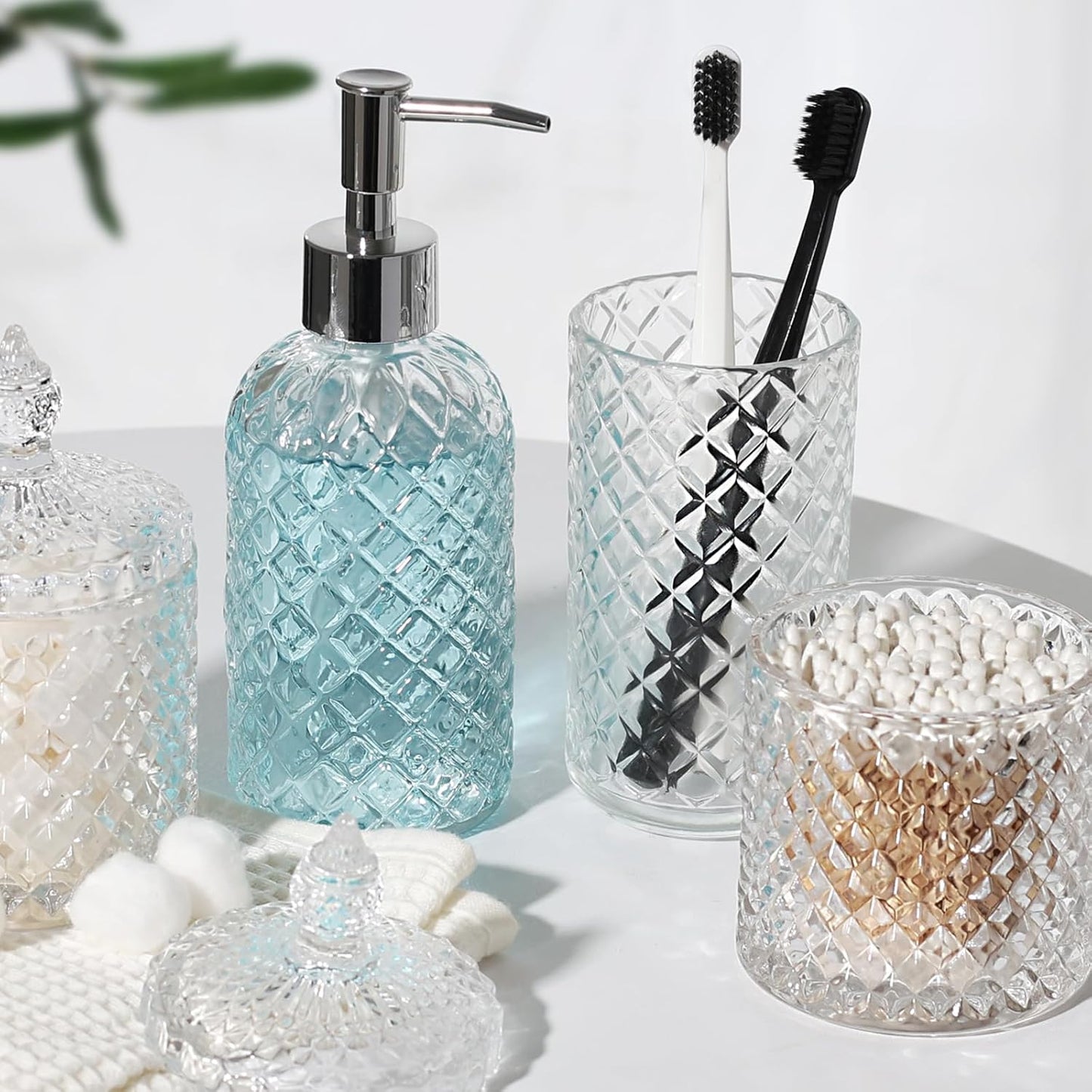 Bathroom Accessories Set, 4 Pack Clear Glass Bath Accessory Sets Complete, Diamond Soap Dispenser and Toothbrush Holder Set for Bathroom Counter Organizer Essentials, Modern Bathroom Decor