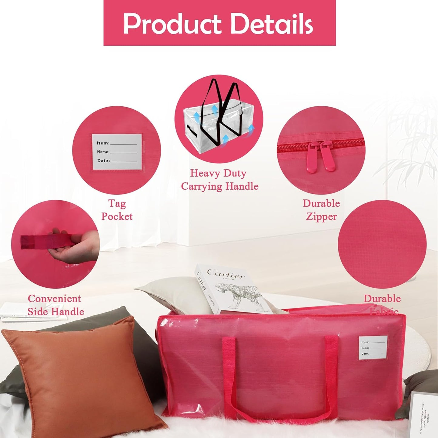 6 Pack Heavy Duty Extra Large Moving Bags with Handles,Waterproof Foldable Storage Totes, Clothing Storage Bags, Packing Moving Boxes for College Supplies, Pink