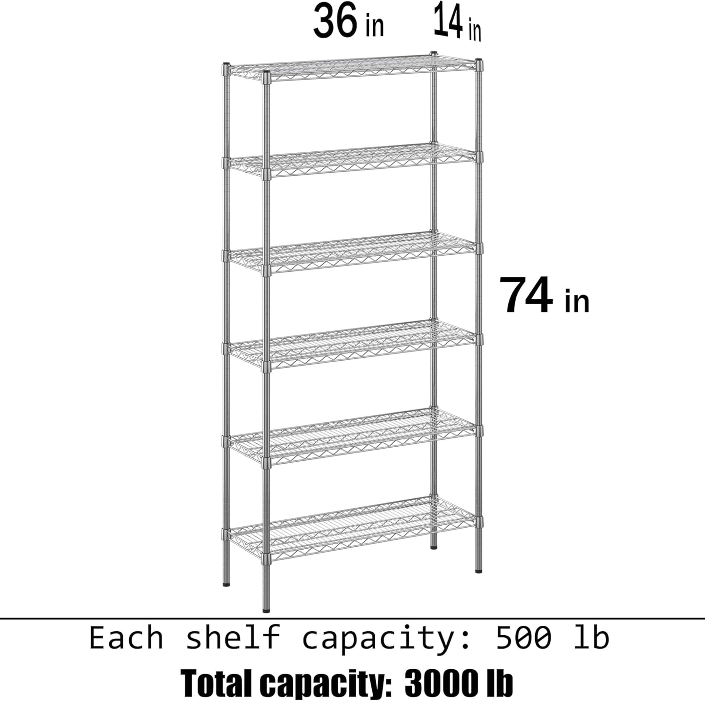14" Deep x 36" Wide x 74" Height Wire Shelving Kit | 6-Tier | NSF Commercial Storage Rack Unit