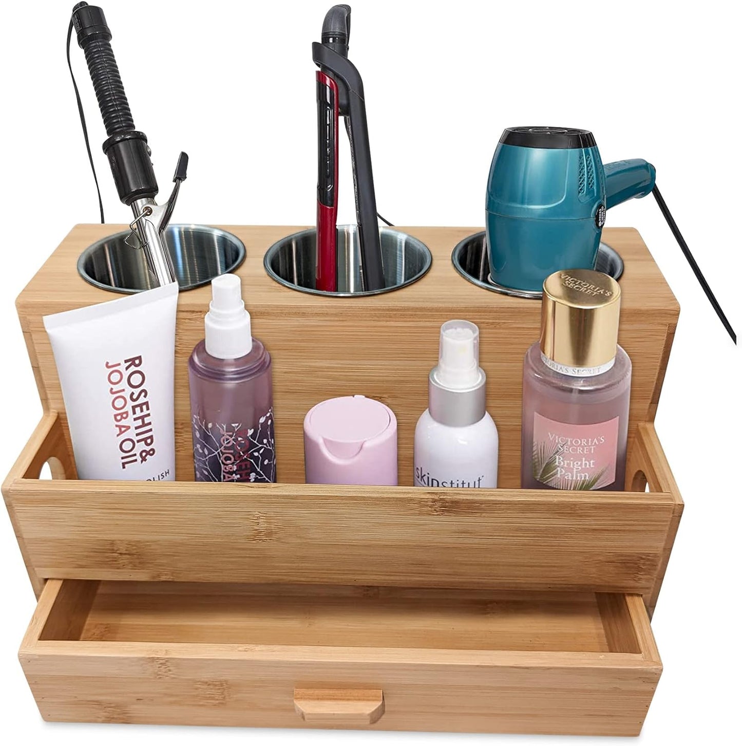 Hair Tool Organizer- Bamboo, Blow Dryer Holder, Bathroom Countertop, Vanity Caddy Storage Stand for Accessories, Makeup, Toiletries