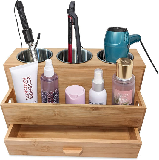 Hair Tool Organizer- Bamboo, Blow Dryer Holder, Bathroom Countertop, Vanity Caddy Storage Stand for Accessories, Makeup, Toiletries
