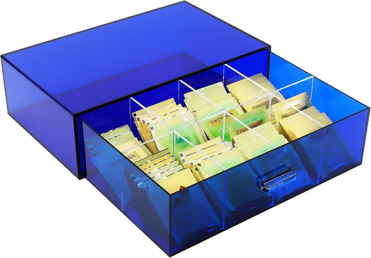 Acrylic Tea Bag Organizer and Storage Box Stackable Tea Bag Holder with Drawer for Countertop, Navy Blue