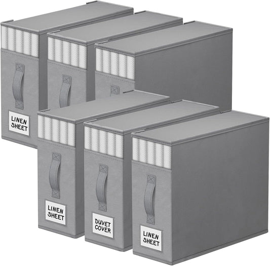 6 Pack Bed Sheet Closet Organizers and Storage,Sturdy Foldable Storage Containers with Window and Label,Storage and Organization for Bedding Sheets,Duvet Covers,Blankets (Grey)