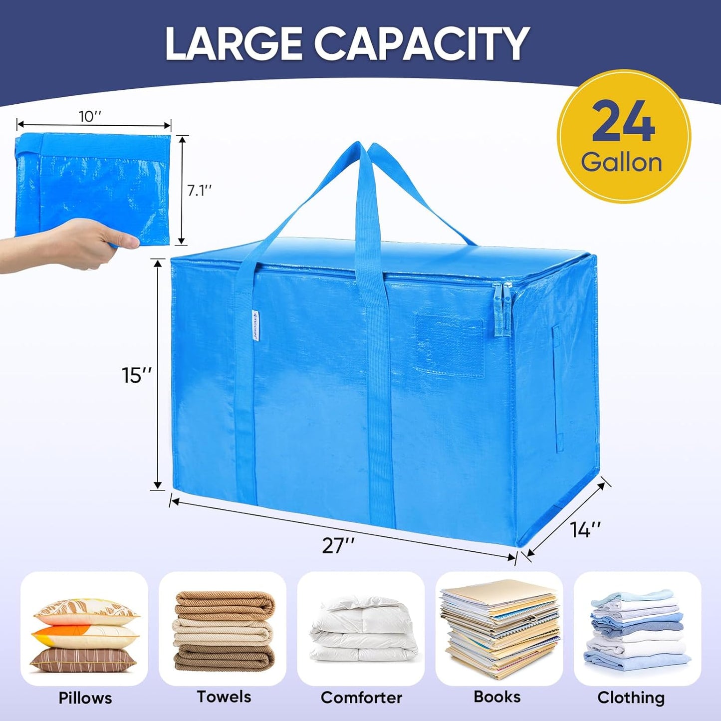 TICONN 8 Pack Extra Large Moving Bags with Zippers & Carrying Handles, Heavy-Duty Storage Tote Moving Boxes for Space Saving (8 Pack, Sky Blue)