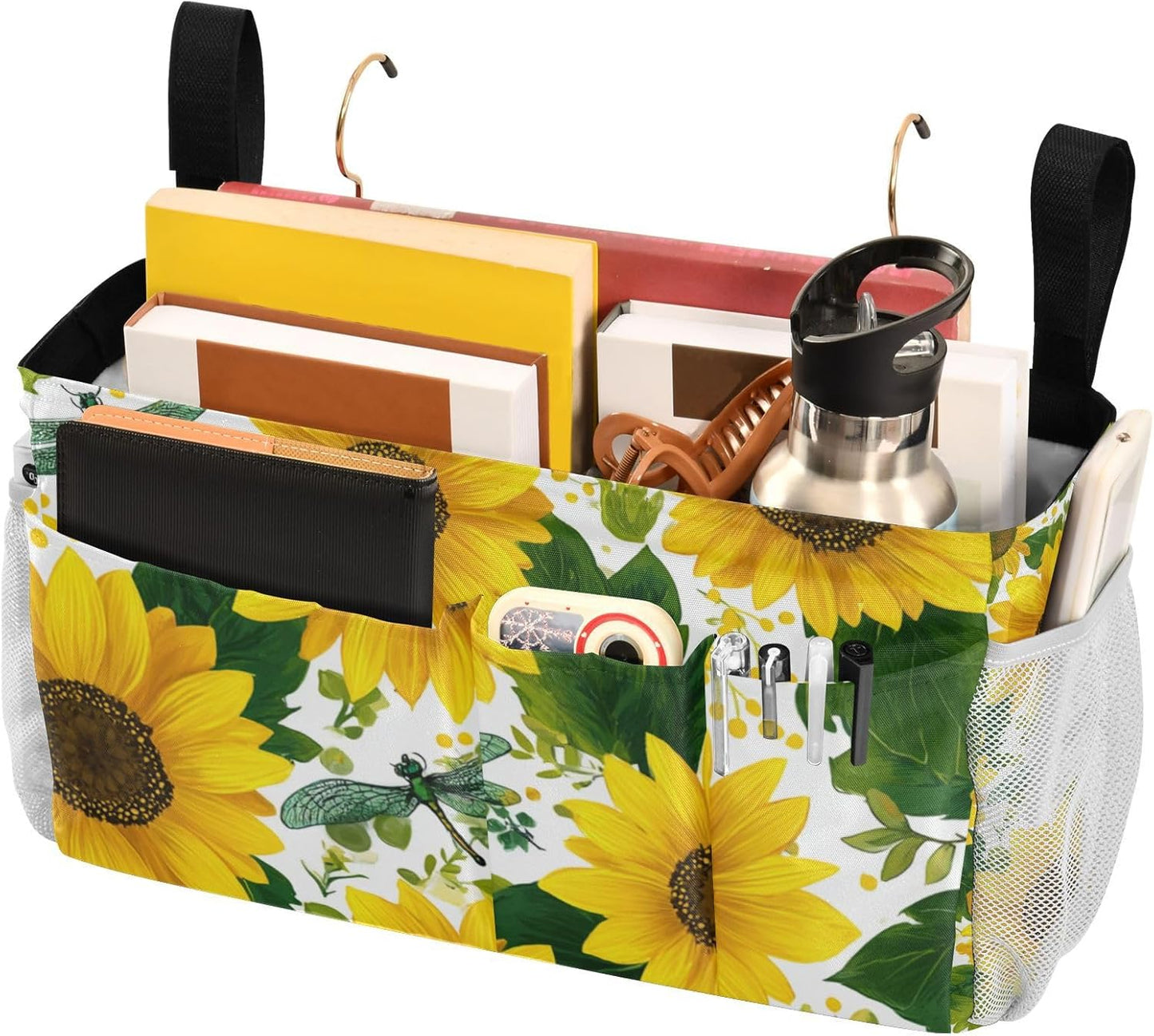 Cute Yellow Sunflowers and Dragonflies Bedside Caddy for Dorm Bed Bedside Hanging Caddy Bag Iron Frame Storage Organizer Pocket for Bunk Home College Hospital Beds 2 Hooks
