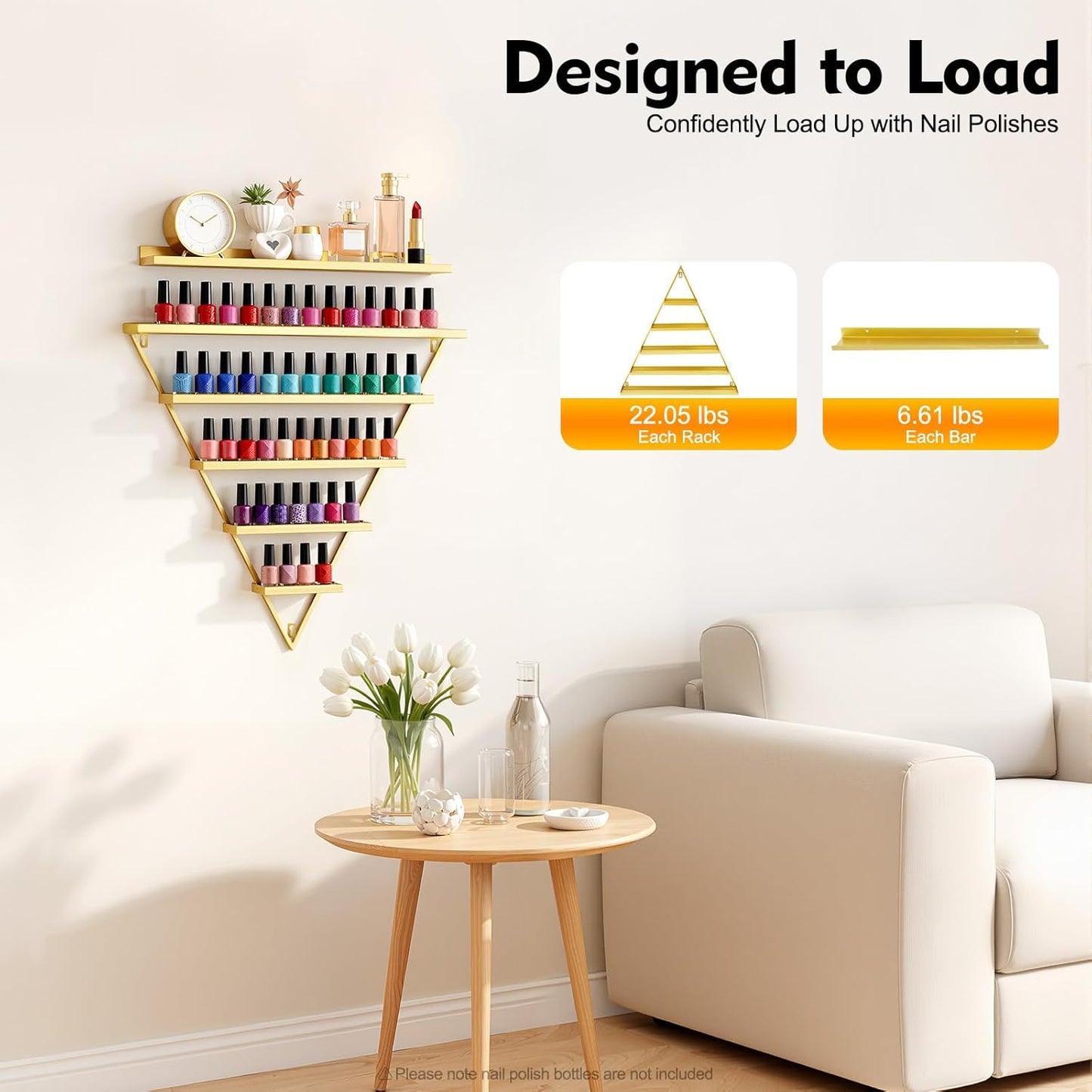 Elegant Wall Mounted Nail Polish Storage Rack Set of 10 Triangular Cosmetic Display Shelves for Essential Oil Bottles, Organize Your Lipsticks and Perfumes in Style at Home or Salon (Gold)