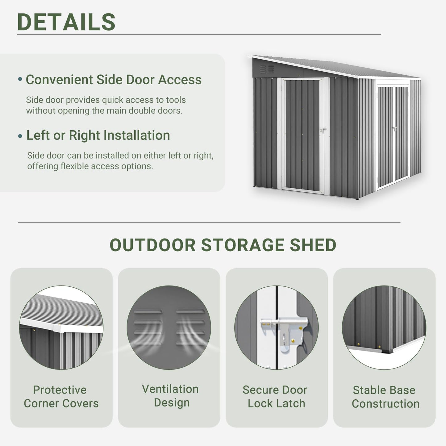 8x6 FT Outdoor Storage Shed with Sloping Roof, Lockable Double Doors & Adjustable Side Door, Weatherproof with Frame Floor, Compact Metal Tool Shed for Garden, Backyard and Patio