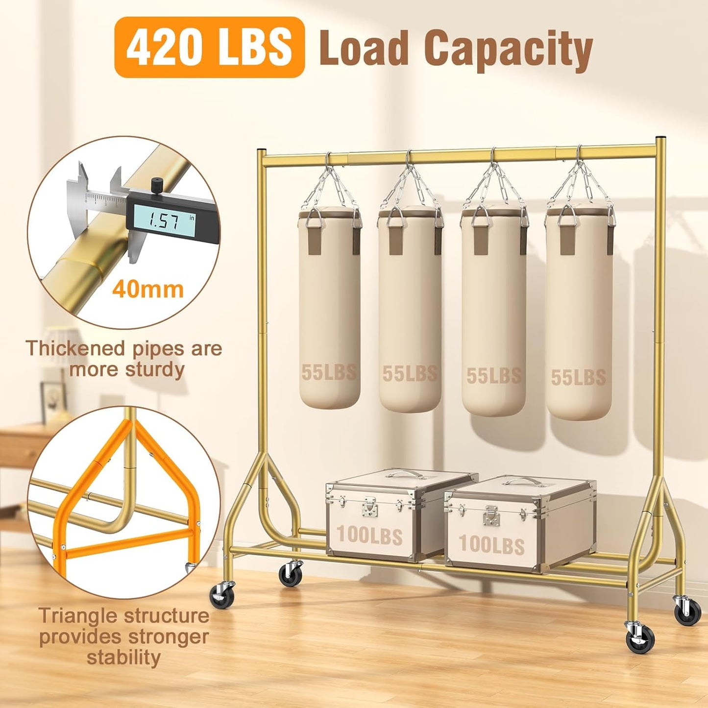EAGMAK Heavy Duty Clothes Rack Load 420 LBS, Rolling Garment Rack with Lockable Wheels, Standing Metal Clothing Rack, Portable Wardrobe Sturdy Coat Rack for Hanging Clothes (Gold, 59″×18.9″×63″)