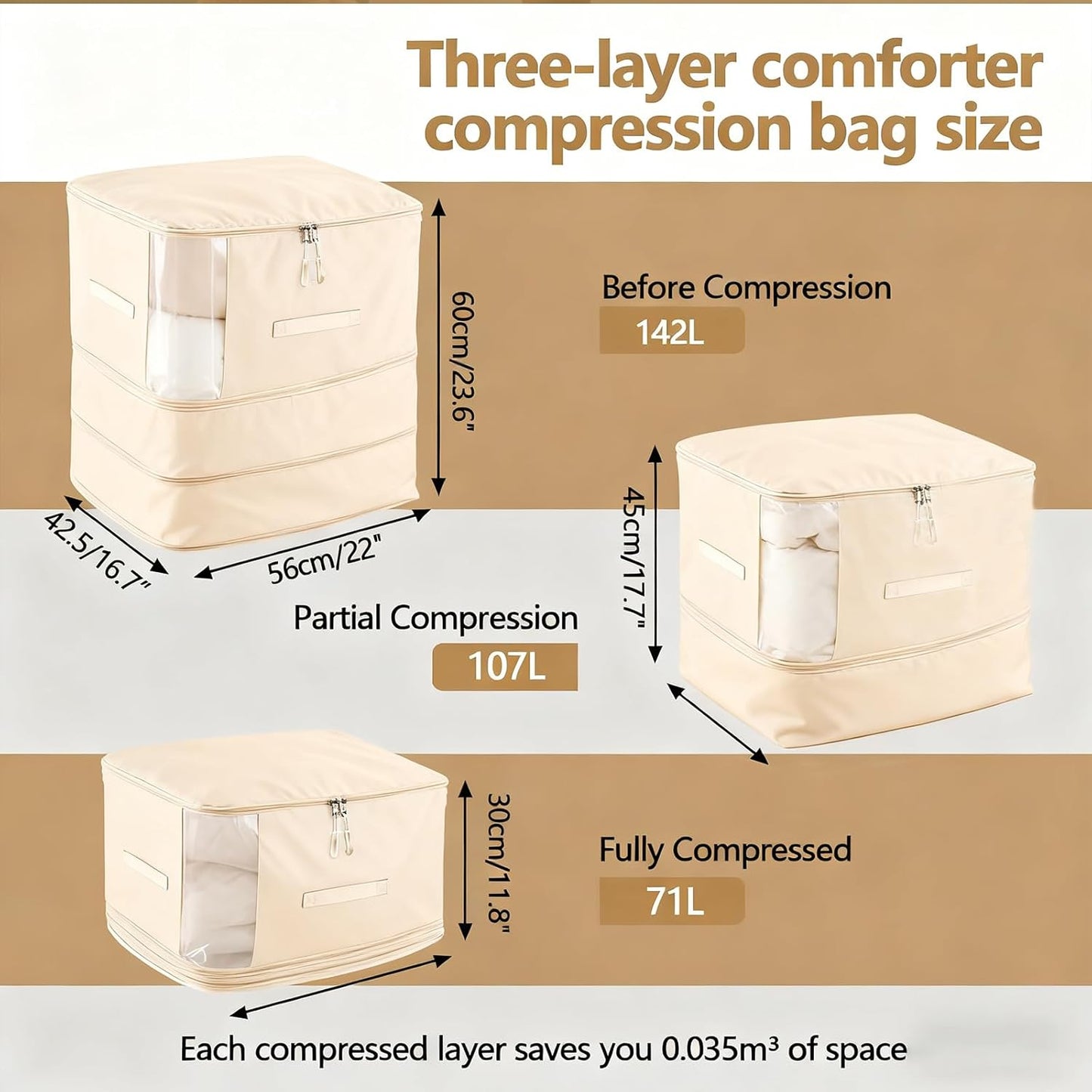 2 Pack Space Saving Comforter Storage Bag with Handle, 3-Layer Compression Blanket Storage Bags Adjustable In 3 Sizes (142L, 107L, 71L), Washable Bedding Organizer For Pillow Duvet Clothing Plush Toy
