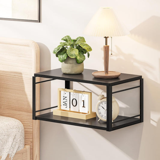 Floating Nightstand, Wood Bedside Shelf Wall Mounted Nightstand, Floating Bedside Table for Bedroom, Living Room, Bathroom, Kitchen, Office (Black)