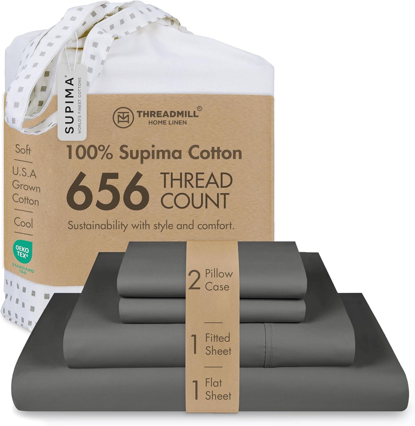 Threadmill California King Sheet Sets |Certified American Supima Cotton Sheets | 656 Thread Count 4 Piece Hotel Quality Luxury Bed Sheets Set with Elasticized Extra Deep Pocket |Dark Grey Sheets