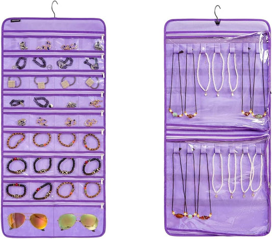 Dual-sided Hanging Jewelry Organizer Necklace Holder Jewelries Storage with 34 Zippered Pockets and 14 Dustproof Hook Loops (PURPLE)