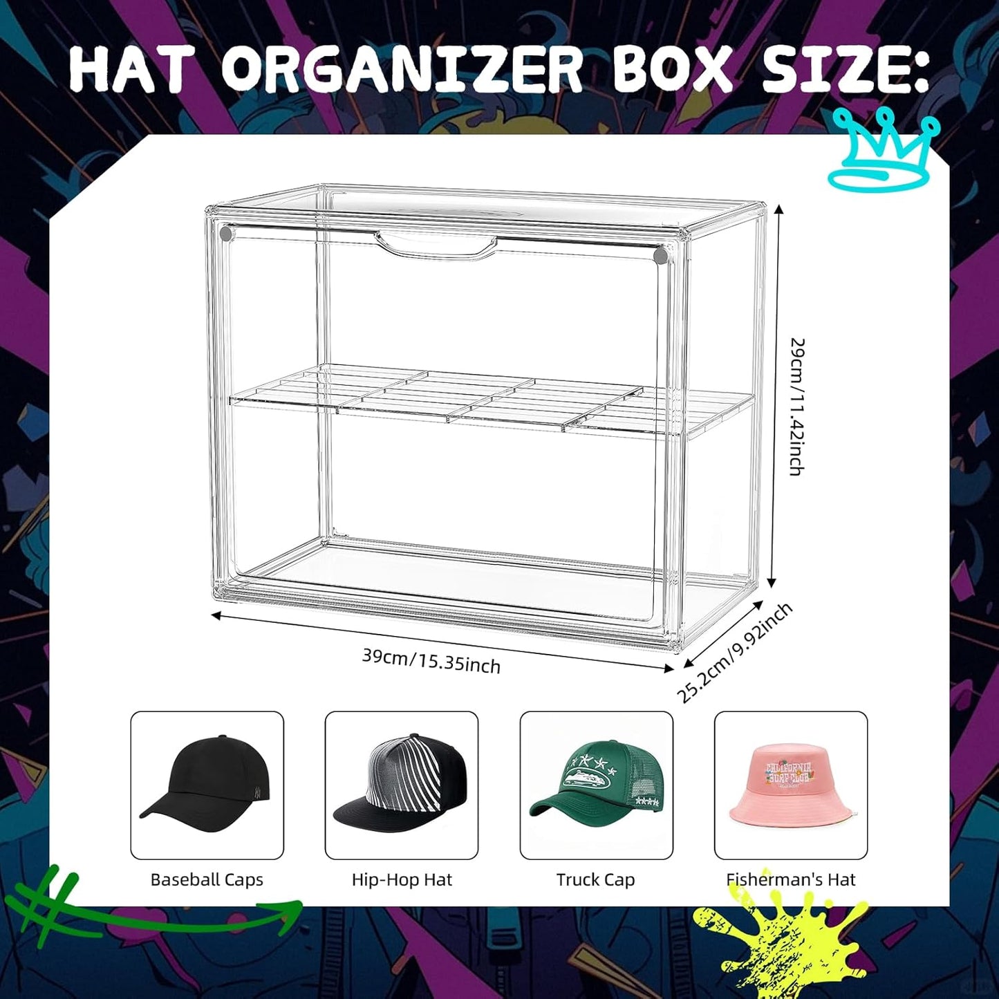 Clear Hat Box Storage, Baseball Cap Organizer for Baseball Caps, Hat Acrylic Display Case with Removable Compartment, Plastic Stackable Hats Holder Organizer Box with Magnetic Lid, 1 Pack