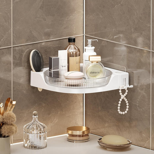 360 Rotating Makeup Organizer Spinning Bathroom Organizer 1 Pack Corner Storage Organizer with Hooks for Perfume Lotion Skincare Organizer Countertop Kitchen Storage(Clear)