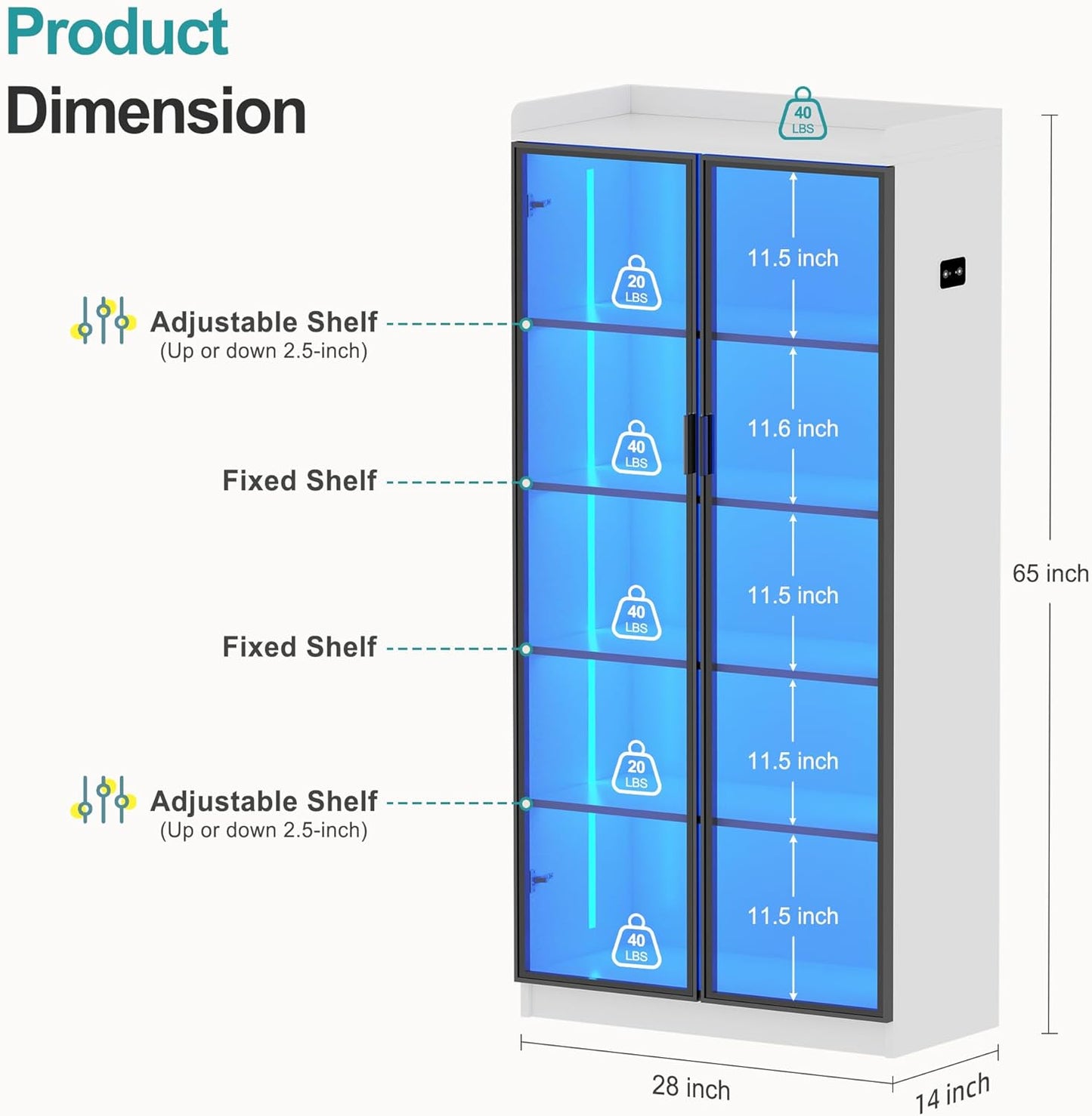 Lvifur 65" LED Display Cabinet with Lights for Living Room, 5 Tier Bookcase with Adjustable Shelves for Office, Tall Storage Cabinet with Human Body Induction for Collectibles (White)
