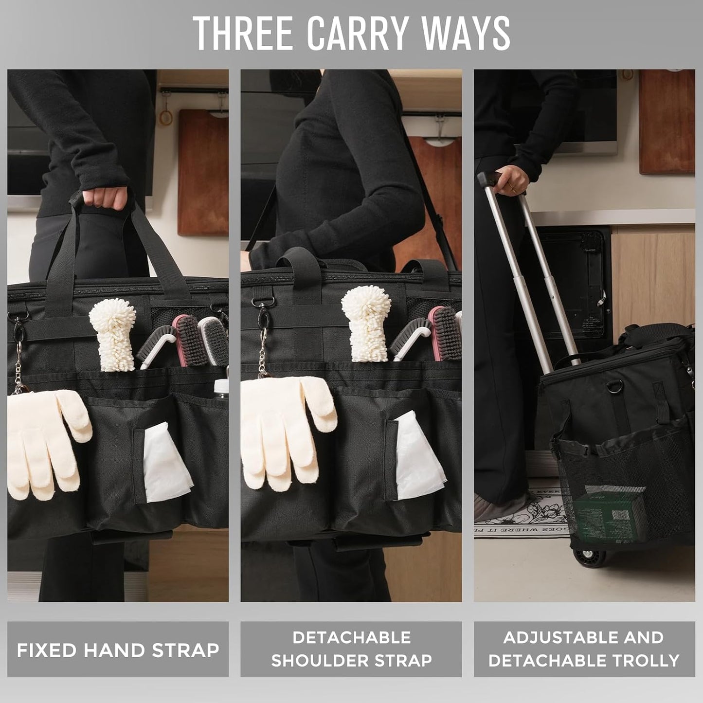 Rolling Cleaning Caddy Bag with Detachable Trolley, Large Cleaning Supplies Organizer with Wheels, Multi Pocket Cleaning Cart with Adjustable Shoulder Strap for Housekeepers & Home Use, Black