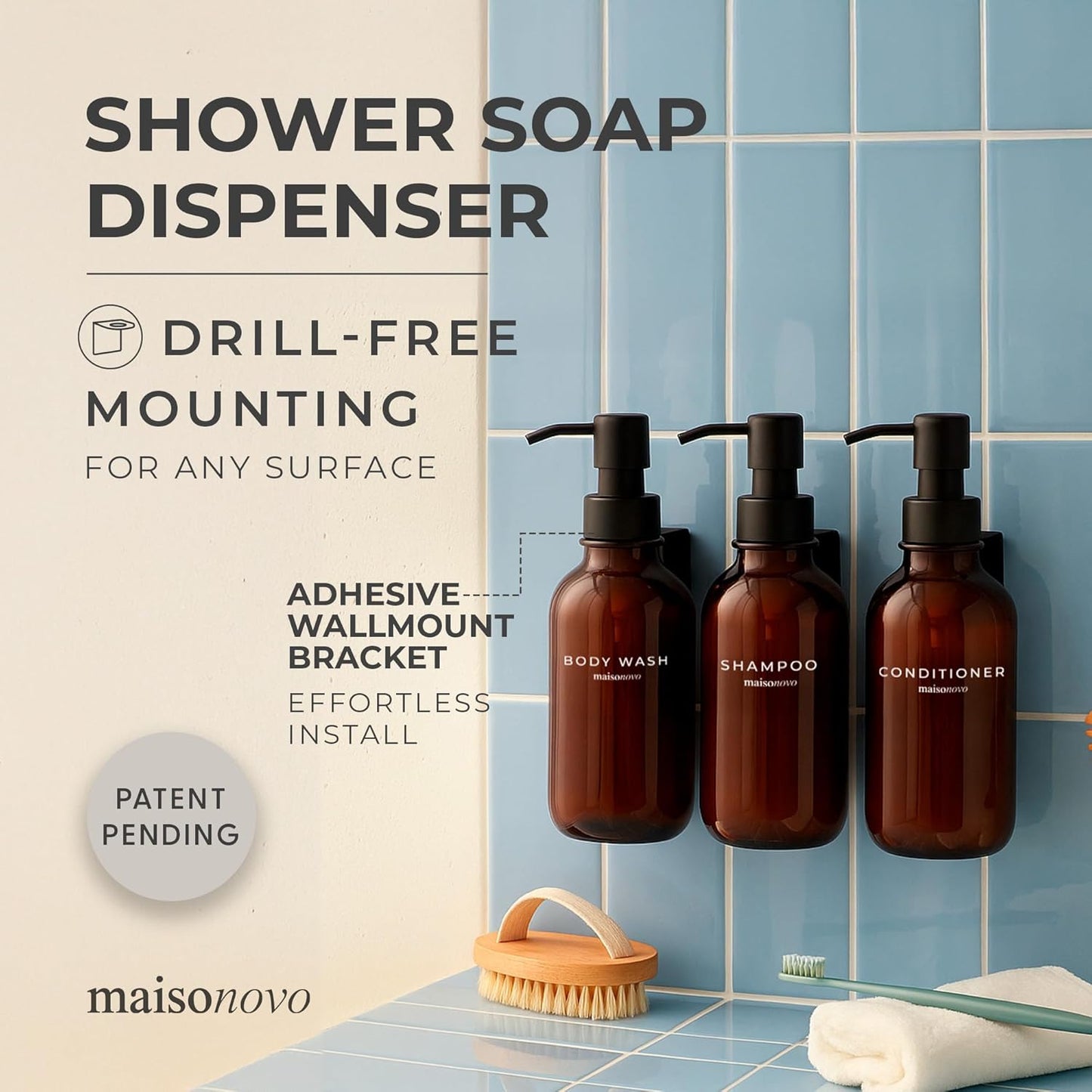 MaisoNovo Shampoo and Conditioner Dispenser - Shower Soap Dispenser Wall Mounted - 16.9 fl oz Set of 3 Amber Plastic Bottles Black Pump - 3 Chamber No Drill