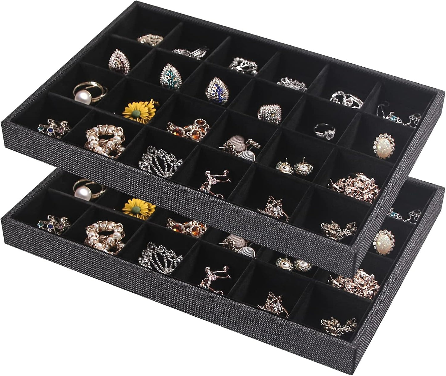 Julysky 2 Pack 24 Grids Jewelry Organizer Trays Ring Earring Display Stand for Selling, Black Velvet Necklace Holder Box Bracelet Case