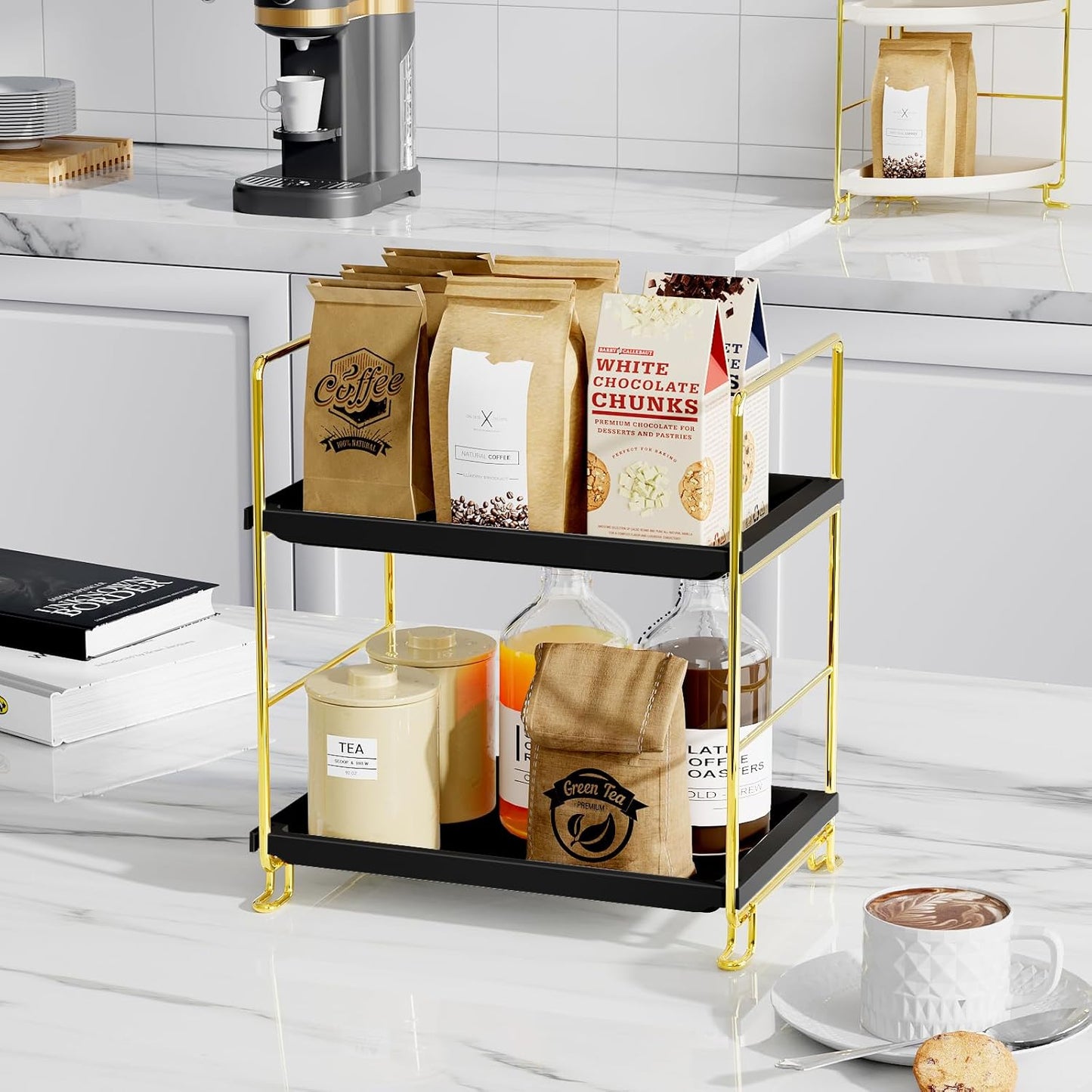 FSyueyun 2-Tier Bathroom Countertop Organizer, Tool-Less Installation Premium Plastics Makeup Shelf Organizer Perfume Skincare for Dresser Vanity Tray Organizers and Storage (Gold & Black)