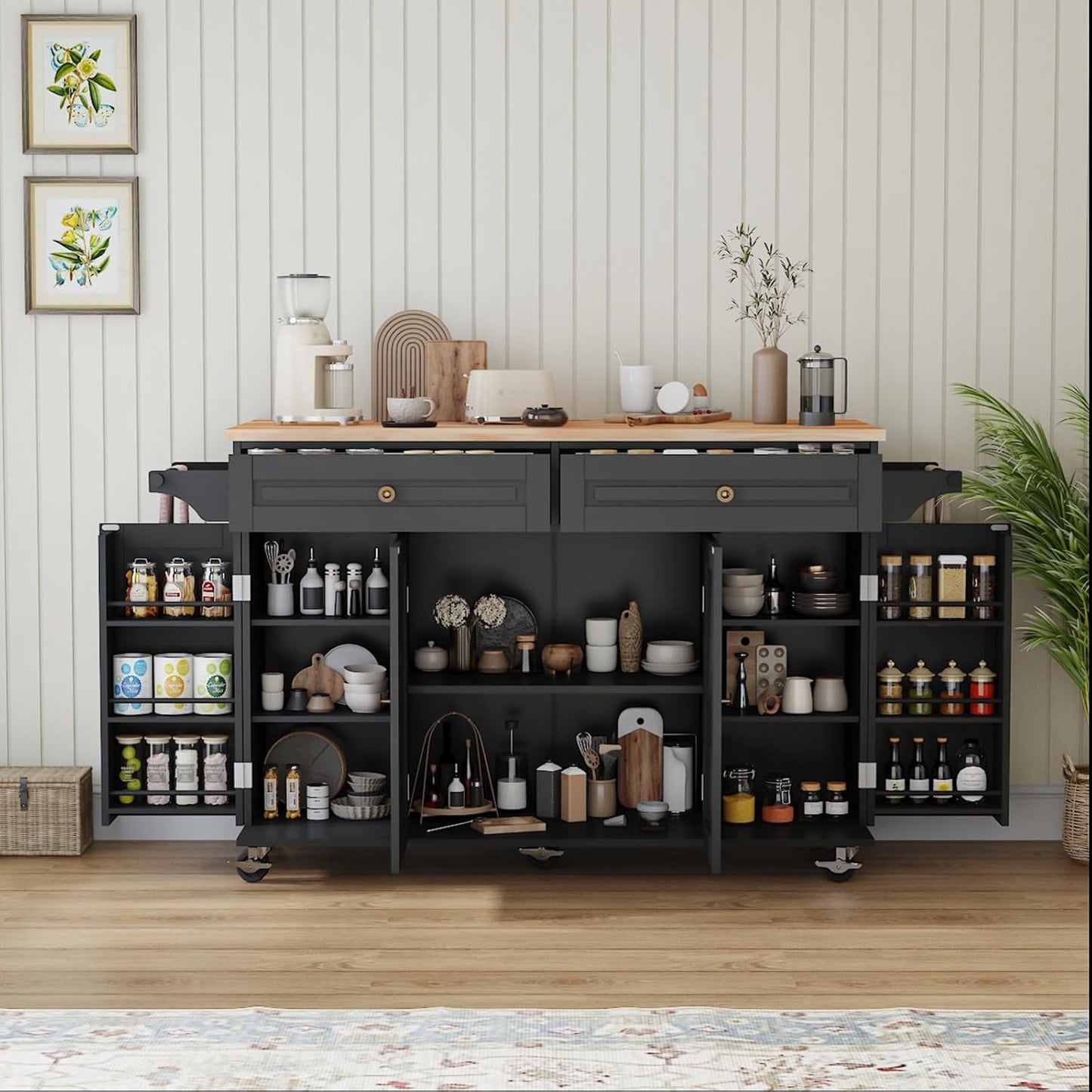 59’’ Rolling Kitchen Island Cart with Drop Leaf and Power Outlet, Movable Kitchen Islands with 3-Tier Door Storage Shelf, Island Table on Wheels, 2 Large Drawers, Towel Racks, Black