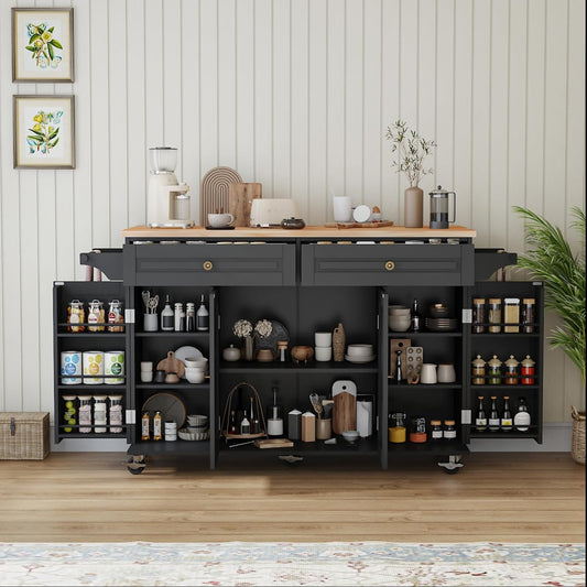 59’’ Rolling Kitchen Island Cart with Drop Leaf and Power Outlet, Movable Kitchen Islands with 3-Tier Door Storage Shelf, Island Table on Wheels, 2 Large Drawers, Towel Racks, Black