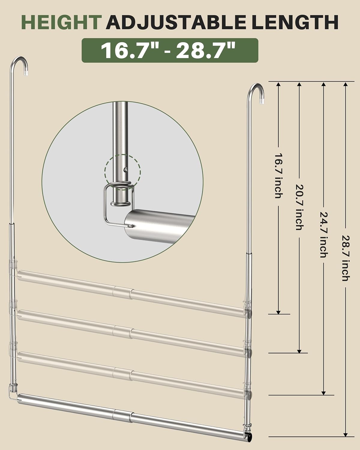 Hanging Closet Rod, 2 Pack Adjustable Height & Width Closet Rods for Hanging Clothes-Closet Extender Hanging Rod Space-Maximizing Design Suitable for Hanging and Drying Clothes, Silver