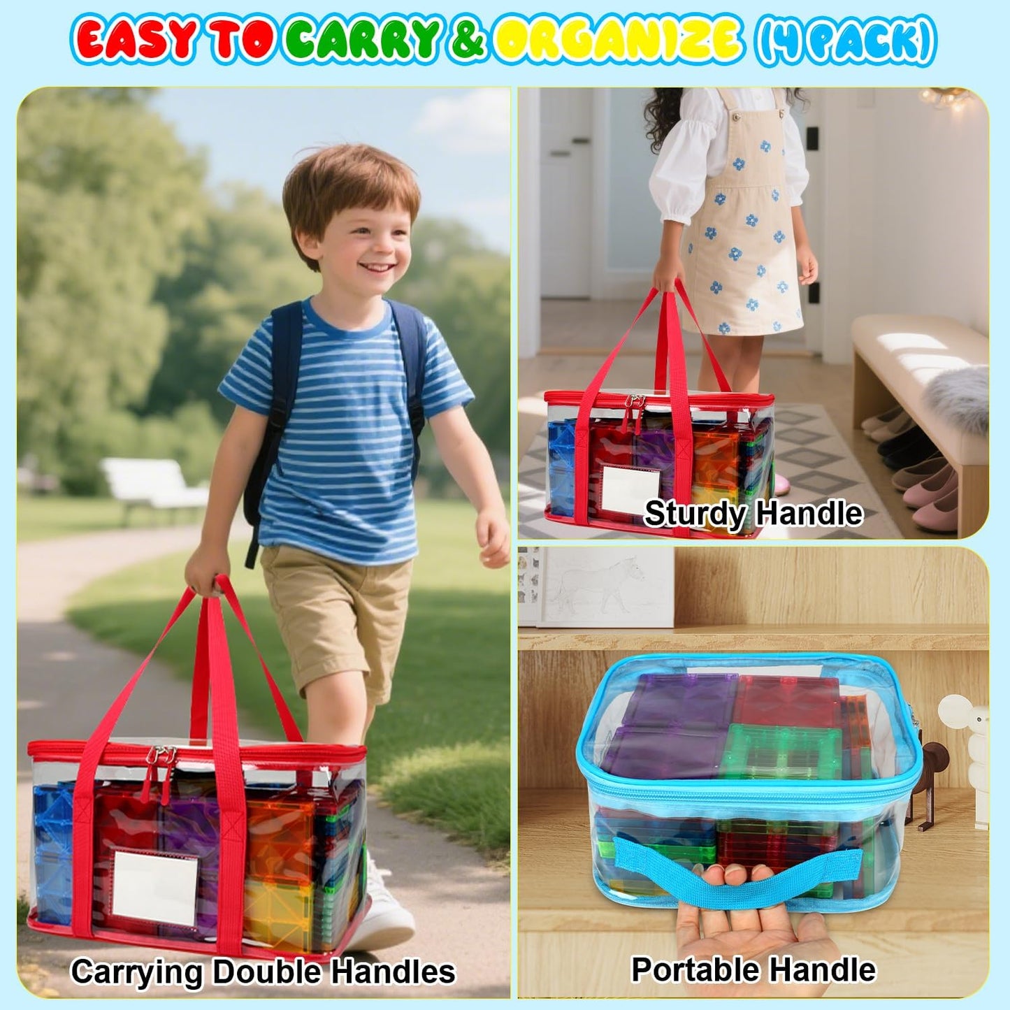 4 Pack Magnetic Tiles Storage Bag with Manual Pocket& Name Tag, Whole Clear PVC Magnetictiles Organizer Case for Magnetic Tiles, Building Blocks, Toy Cars, Board Game, Puzzle (Colorful)