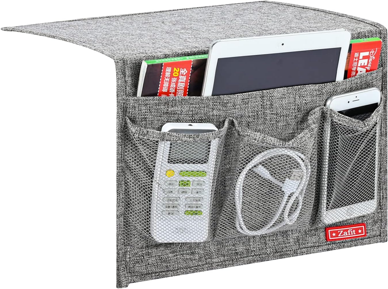 Linen 4 Pockets Bedside Caddy, Bedside Storage Organizer for Magazine, Remotes, Phone (Classic Grey)
