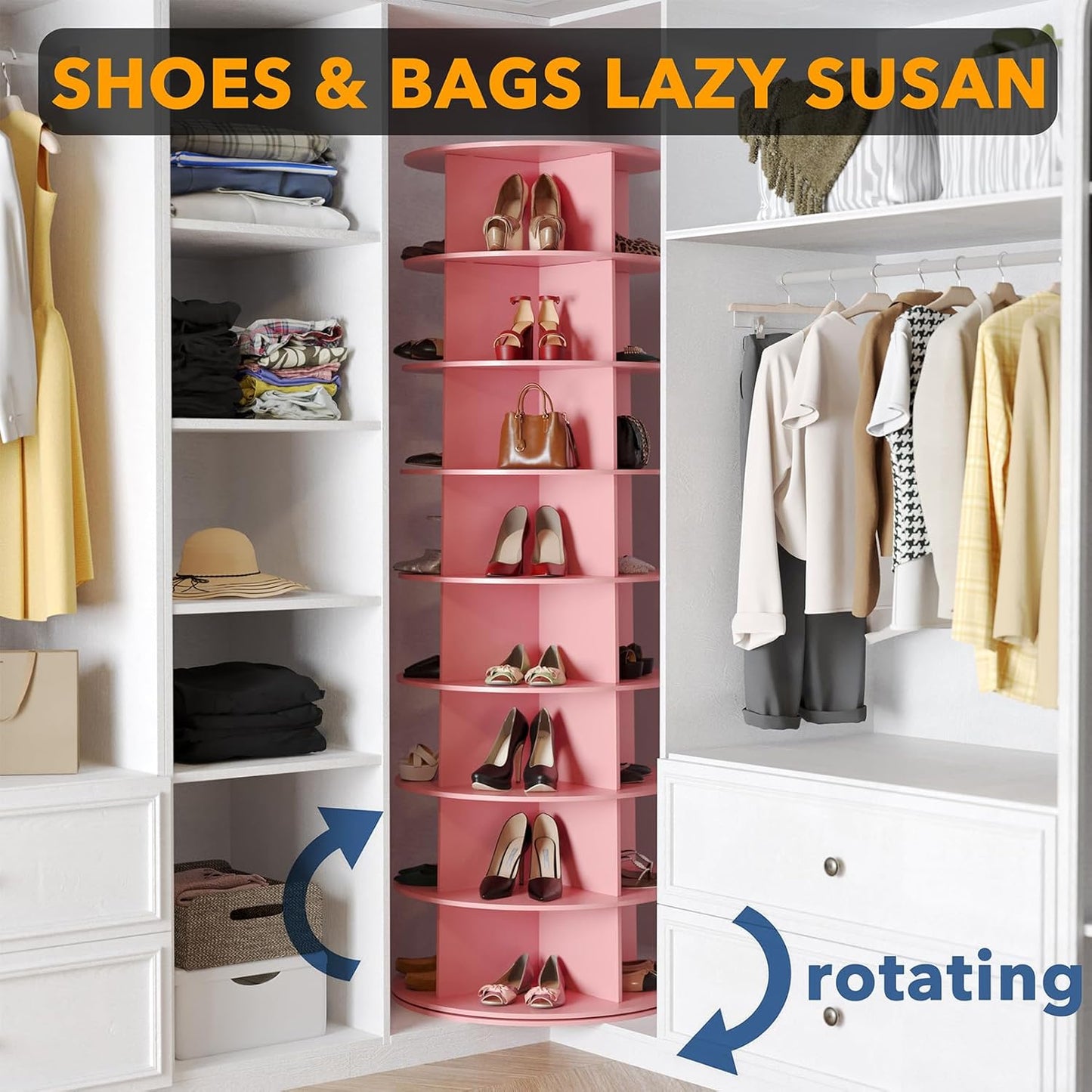 SpaceAid 8 Tier Rotating Shoe Rack Tower, Spinning Shoe Display Lazy Susan, Revolving 360 Shoe Rack Storage Round Carousel, Vertical Handbag Rotate Shoes Closet Organization (8-Tier Pink)