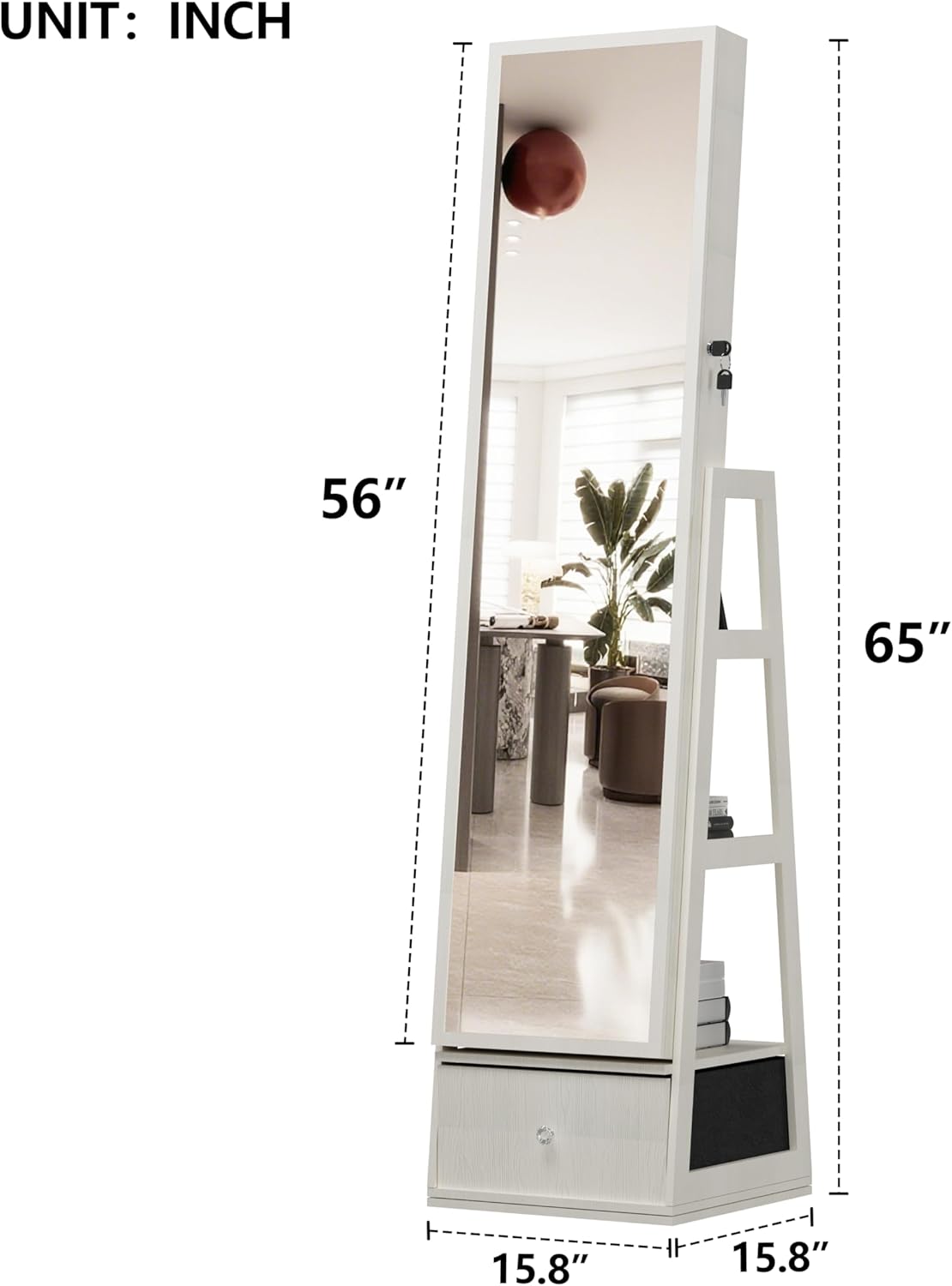 Montary Jewelry Cabinet with Full-Length Mirror - Freestanding Jewelry Armoire with Lockable Storage, Built-In Lighted Mirror & Back Storage Cabinet, White