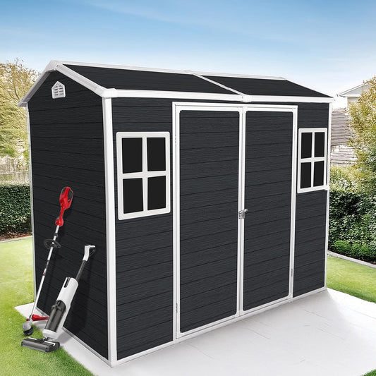 8x4ft Resin Outdoor Storage Shed with Floor and 2 Windows, Plastic Sheds & Outdoor Storage Clearance for Patio Furniture,GardenTools, Bike Accessories and Lawn Mower, Carbon Black