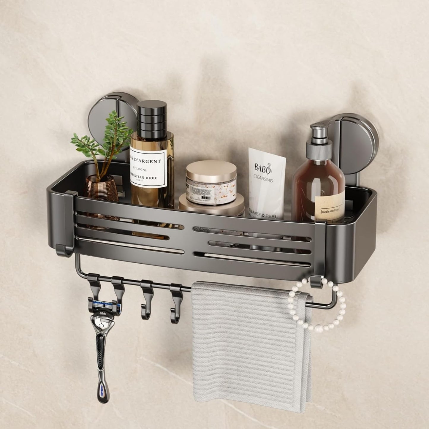 VOLPONE Shower Caddy Suction Cup No Drilling Suction Cup Shower Shelf Heavy Duty Bathroom Shower Organizer Storage Rack Adhesive with Towel Bar Hooks (1-Pack, Matte Gray)