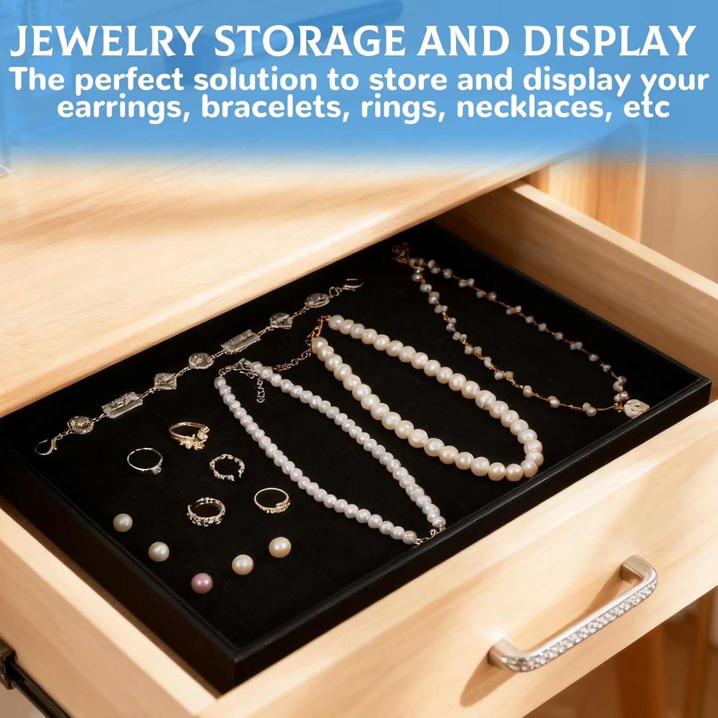 Rainmae 6 Pcs Velvet Stackable Jewelry Tray Showcase Display, Jewelry Organizer Trays for Drawers and Countertop, Black Empty Plates for Necklace, Ring, Bracelet, and Earring Storage Display