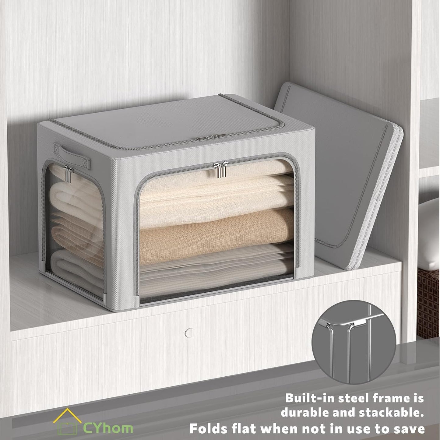 3Pack Clothes Storage Bins - Oxford Frame Storage Box Foldable Stackable Storage Organizer with 3 Openings Design, Metal Frame, Clear Window, Carry Handles (Grey, 100L-23.6 * 16.5 * 15.7in)