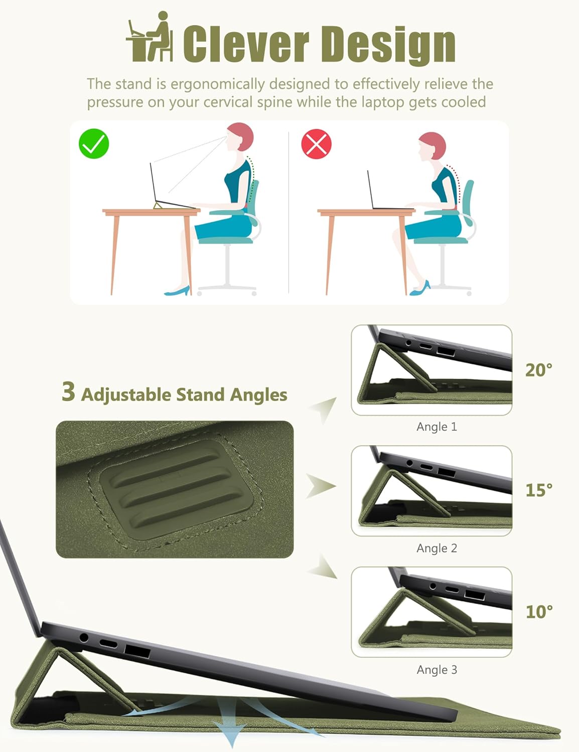 HYZUO 15 Inch Laptop Sleeve Case with Stand Feature for MacBook Air 15 M4 A3241 M3 A3114 M2 A2941 2025-2023, MacBook Pro 15, 15" Surface Laptop 7/6/5/4/3, with Carrying Pouch, Olive Green