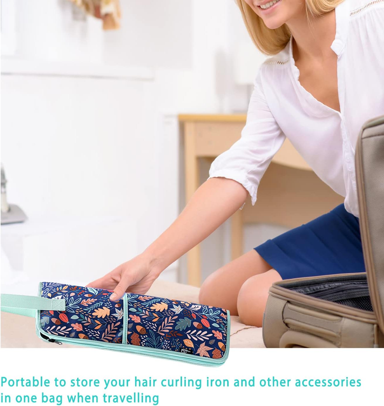 2 Pieces Hair Flat Iron Case Holder Canvas Bag Heat Resistant Curling Iron Silicone Straightener Holder Mat for Hair Tools Curling Iron Organizer Bag (Floral print)