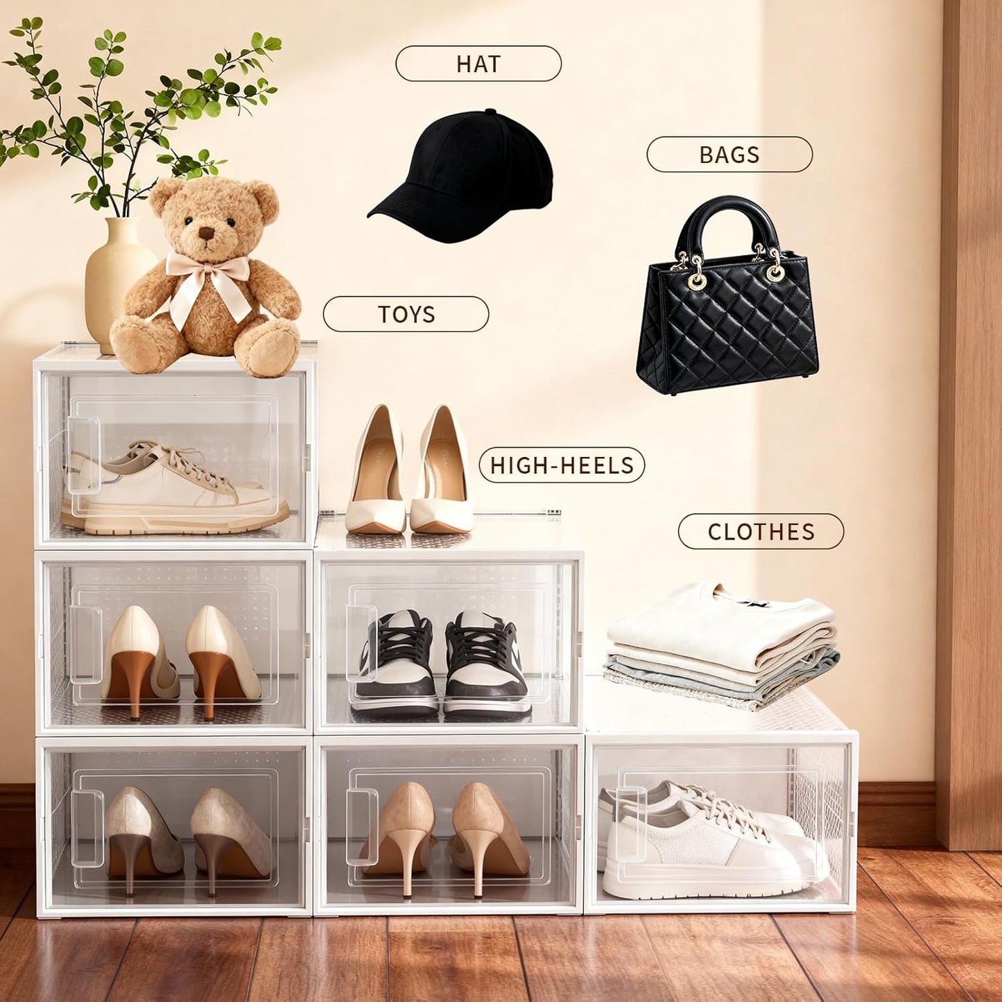 Shoe Boxes, Stack Without Toppling Modular storage boxes combine freely for use in closets, under beds, hallways, and entryways. Space-saving. (Transparent, 6 Pack)