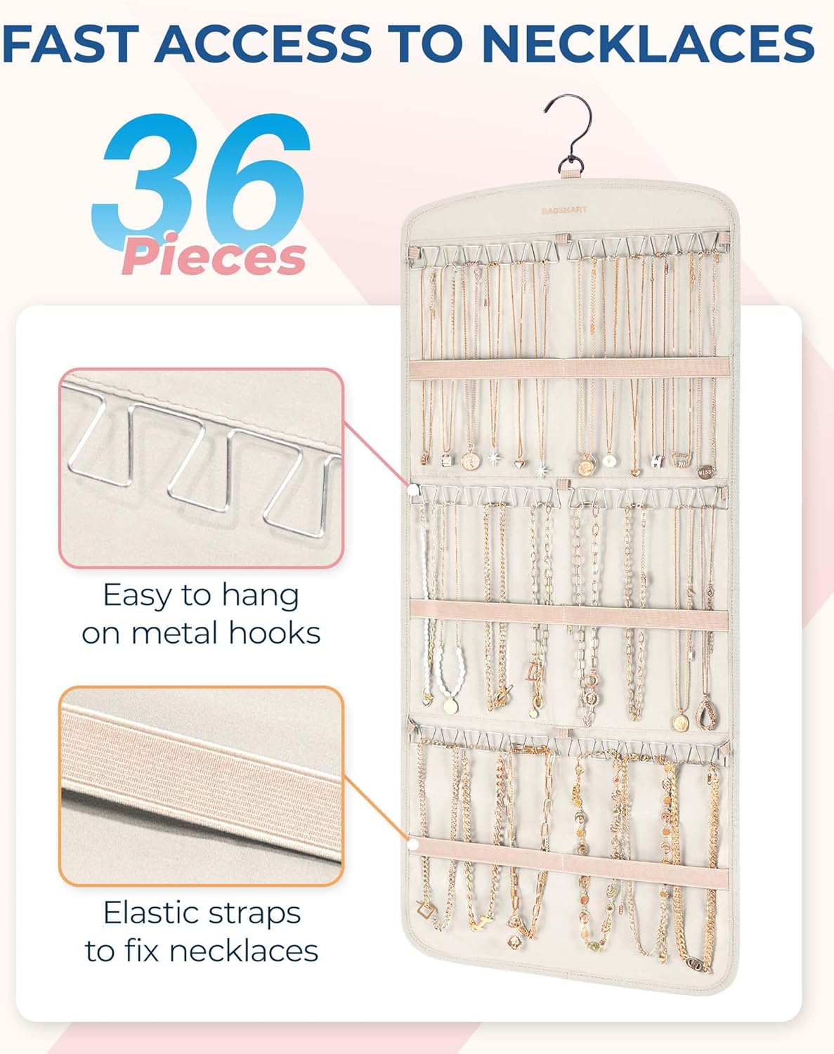 BAGSMART Hanging Jewelry Organizer, Necklace Holder Anti-tangle Earrings Rings Hanger with Pockets Hang on Closet, Wall, Door,1 Piece, Large Beige
