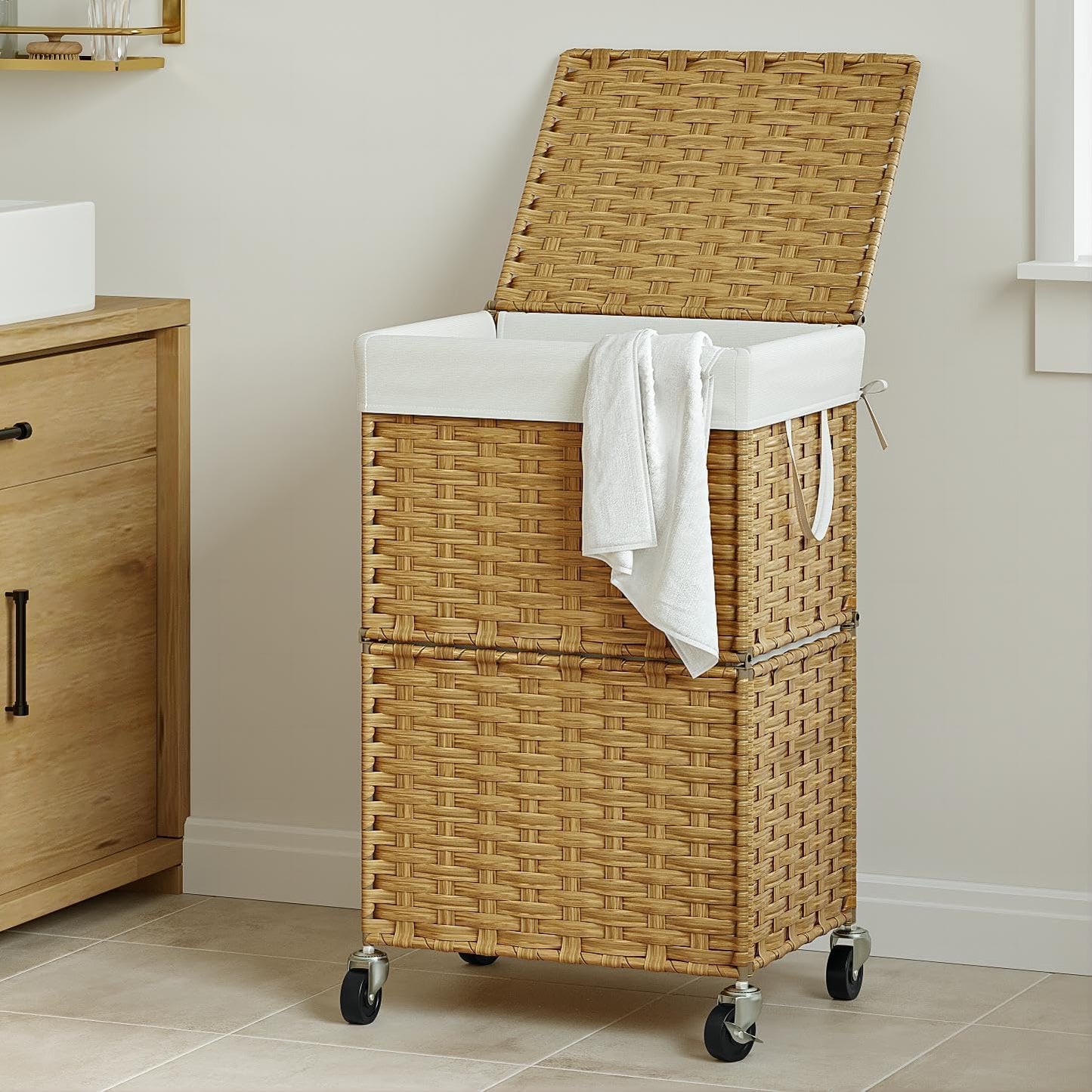Chrislley 90L Slim Laundry Hamper with Wheels, Rolling Laundry Basket with Lid and Renovable Liner Bag, Handwoven Rattan Organizer for bedroom, bathroom, laundry room (Yellow)