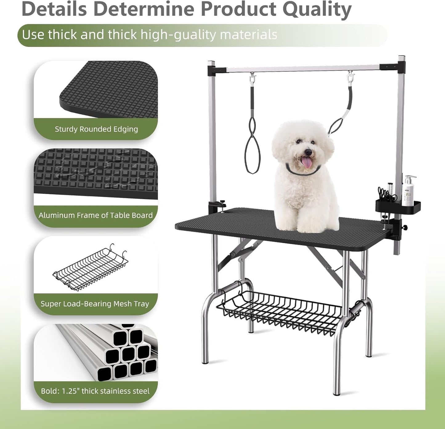 VFK 36" Dog Grooming Table,Foldable Pet Grooming Table for Dogs at Home Black Stainless Steel Bath Grooming Station with Adjustable Arm,Nooses, Mesh Tray,Tool Organizer
