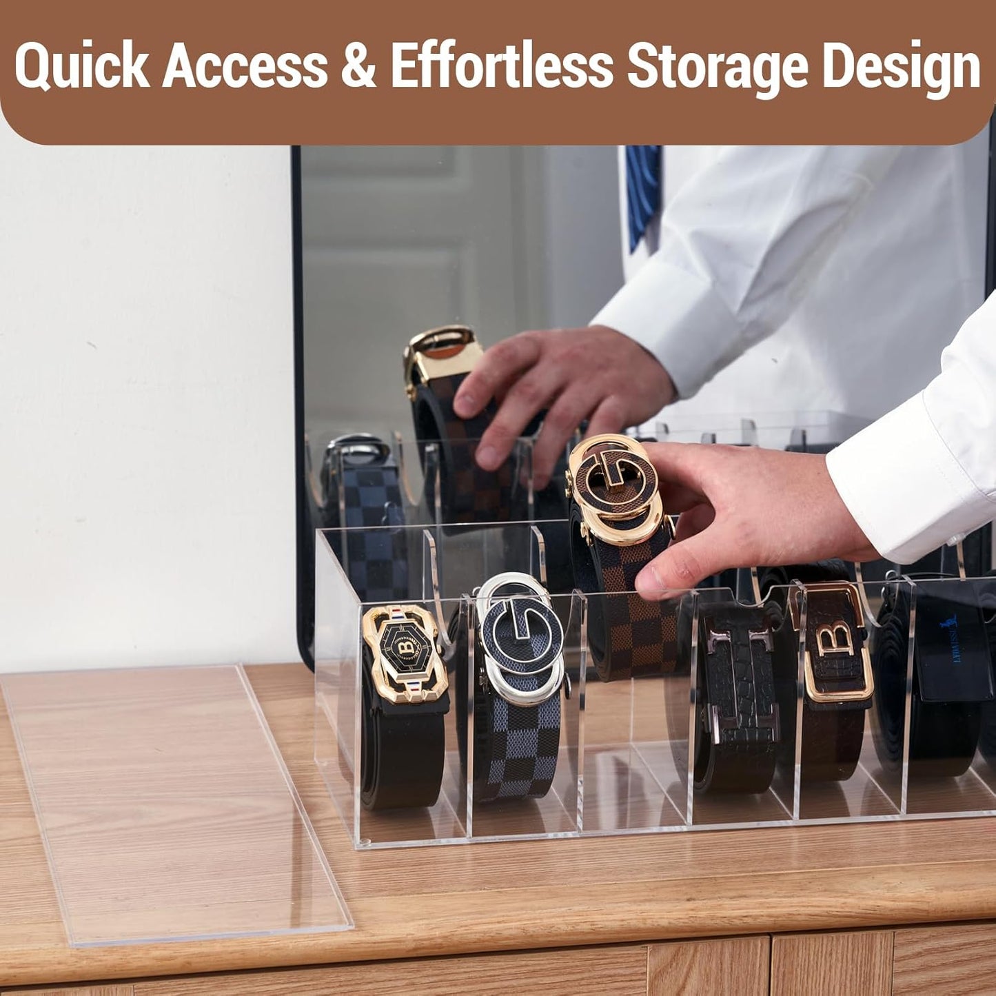 Acrylic Belt Organizer for Closet - 7 Compartments With Dust Cover Transparent Storage Holder | Display Case for Makeup, Jewelry, Watches, Bow Tie, & Bracelets | Multipurpose Clear Containers