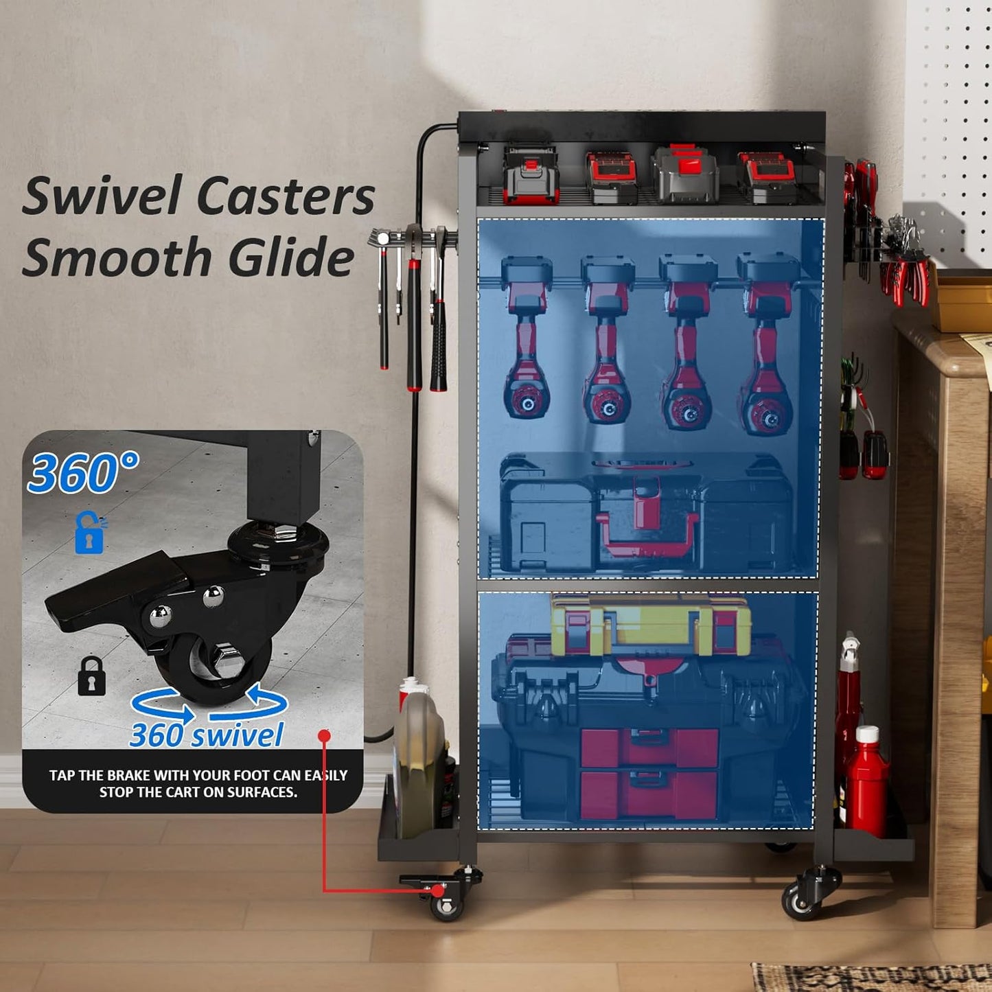 Power Tool Organizer Cart with 8 Power Outlet & Adjustable Storage, Garage Workshop Tool Box Cart, Gifts for Men