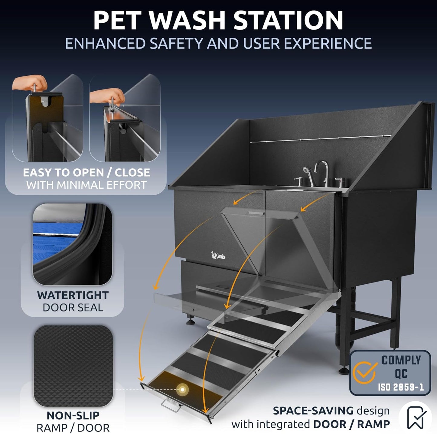 KANIS Black Line Professional Dog Washing Station - 304 Stainless Steel Pet Wash Sink & Grooming Bathtub w/Shower, Floor Grates and Storage for Large, Medium & Small Pets (61", 1 Drawers - Right Ramp)