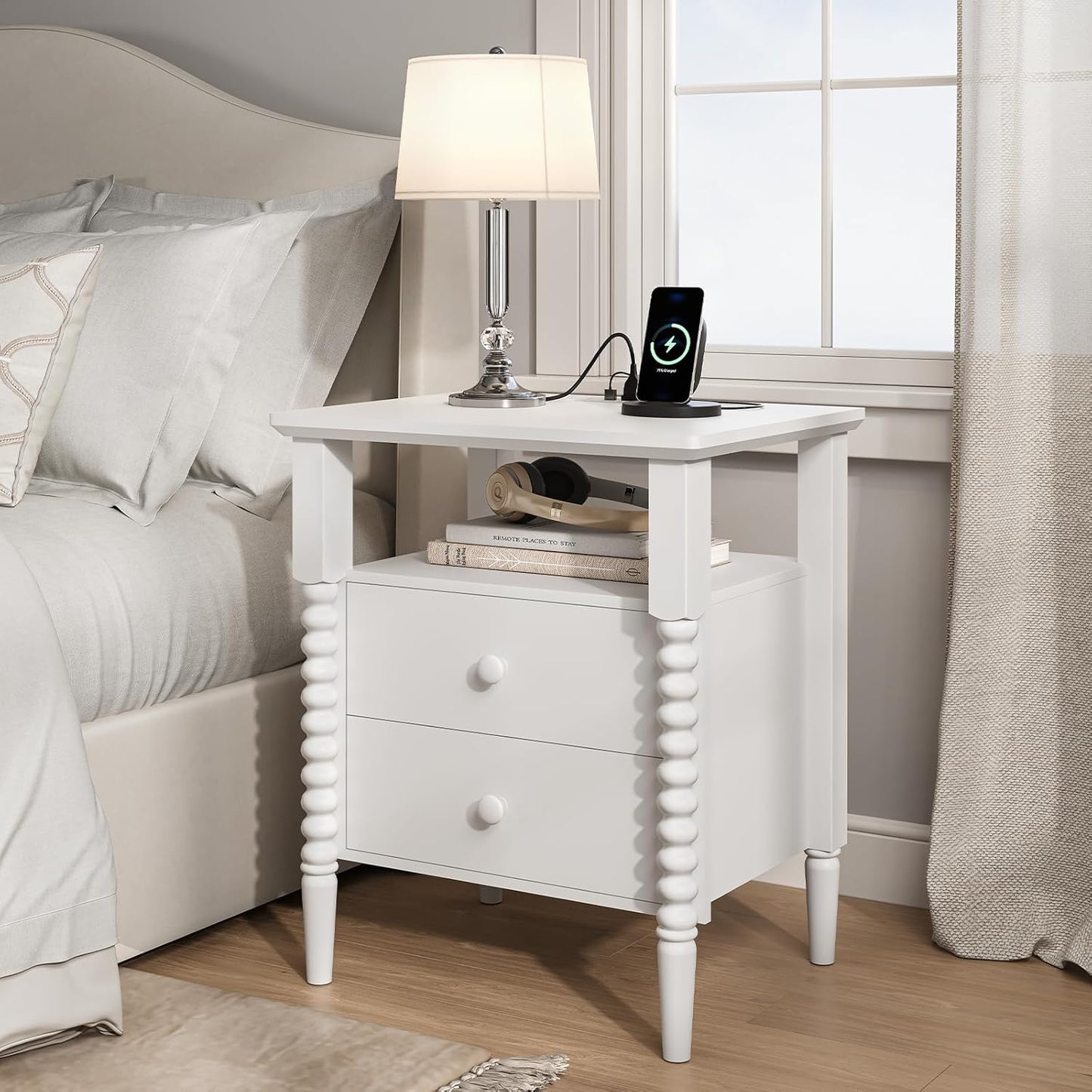 White Night Stand Set 2, Vintage Nightstand with Charging Station, Modern Bedside Table with 2 Drawers, End Table with Solid Wood Legs, Bed Side Tables for Bedroom, White