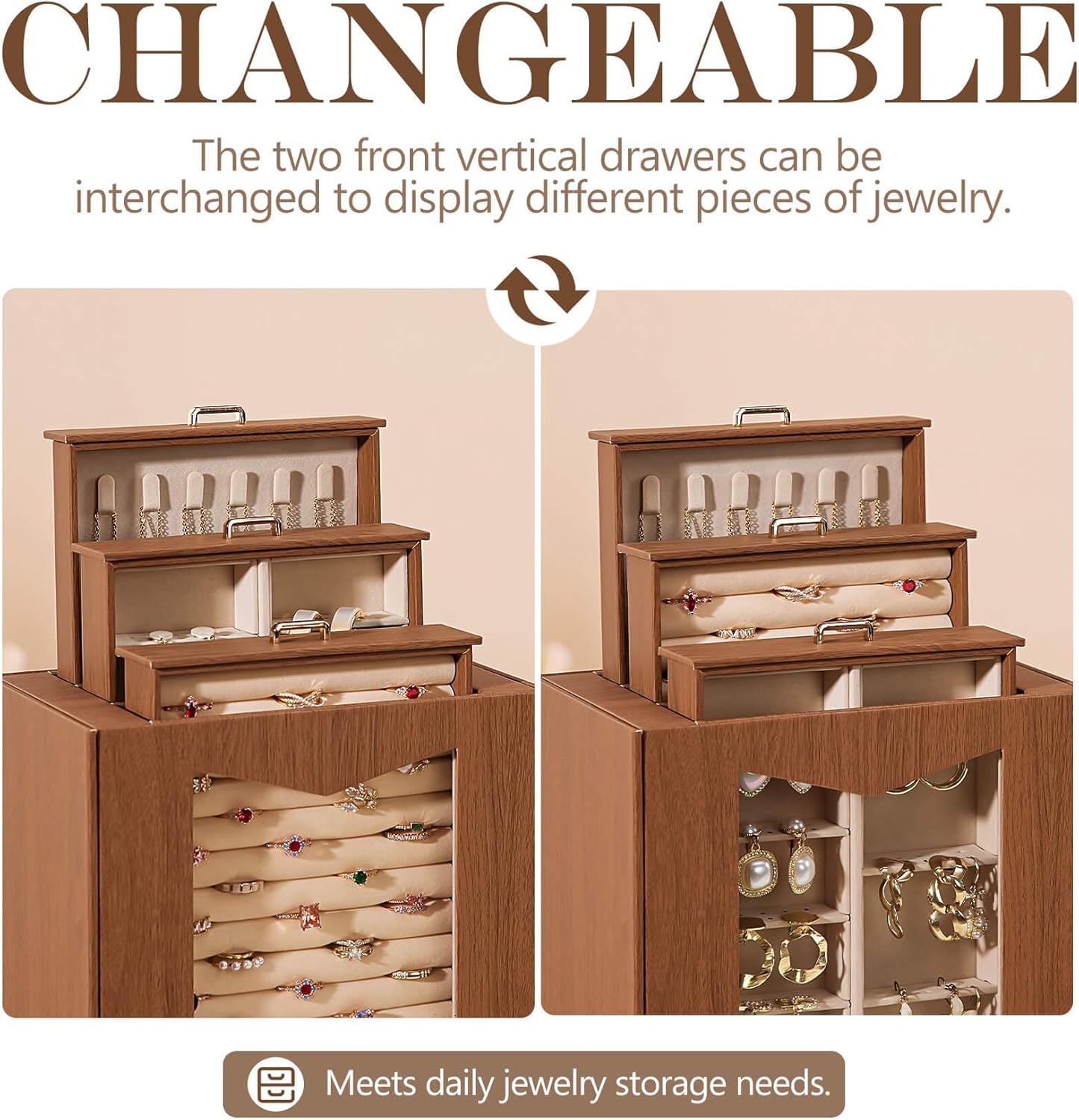 Homde Jewelry Organizer with Transparent Window Necklace Hooks Gift for Women Jewelry Box Display Case for Necklaces Rings Earrings Bracelets and Other Accessories (Brown)