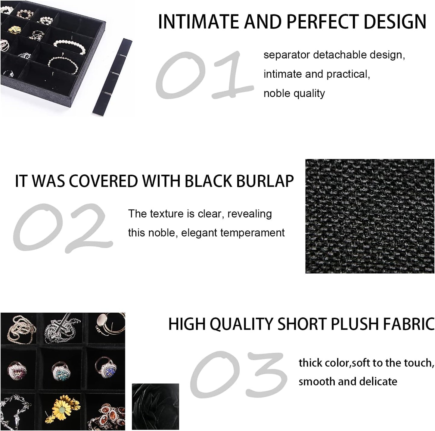 Julysky 2 Pack 24 Grids Jewelry Organizer Trays Ring Earring Display Stand for Selling, Black Velvet Necklace Holder Box Bracelet Case