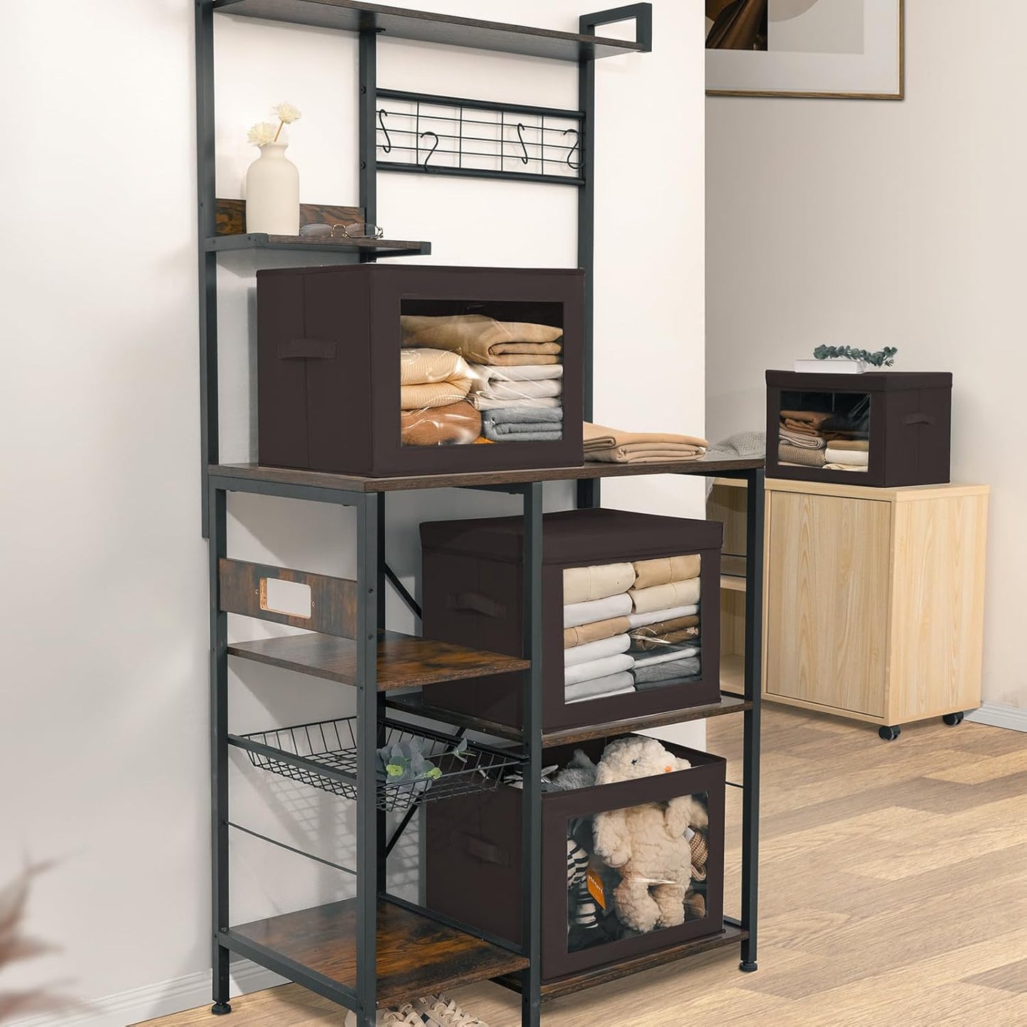 Stackable Storage Bins with Lids - Large Storage Box with Lids, Foldable Closet Boxes for Organizing, Wardrobe Clothes Organizer with Window, Cubes Bins for Living Room, 6 Pack, Brown
