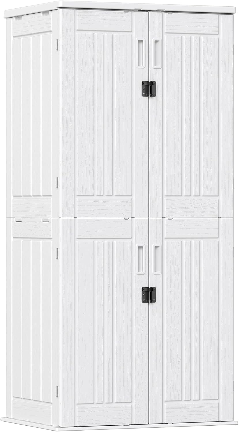 Outdoor Storage Cabinet with 4 Shelves,31.5" x 23.23" x 66.22" White Waterproof Shed,Waterproof Resin Vertical Tool Shed, Lockable 30 cu.ft. Storage Shed for Patio, Garden, Yard, White