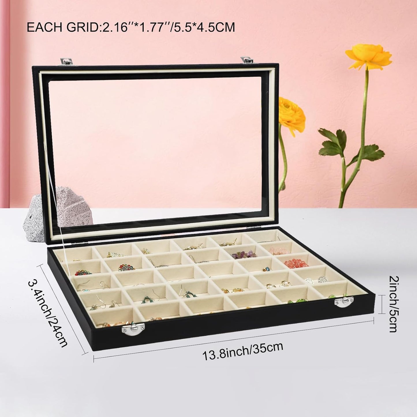 Stratalife Earring Organizer Jewelry Holder Organizer Drawer Earring Storage Jewelry Tray with Clear Lid Ring Box for Women Girls Anti Tarnish 30 Grid (Beige Black)
